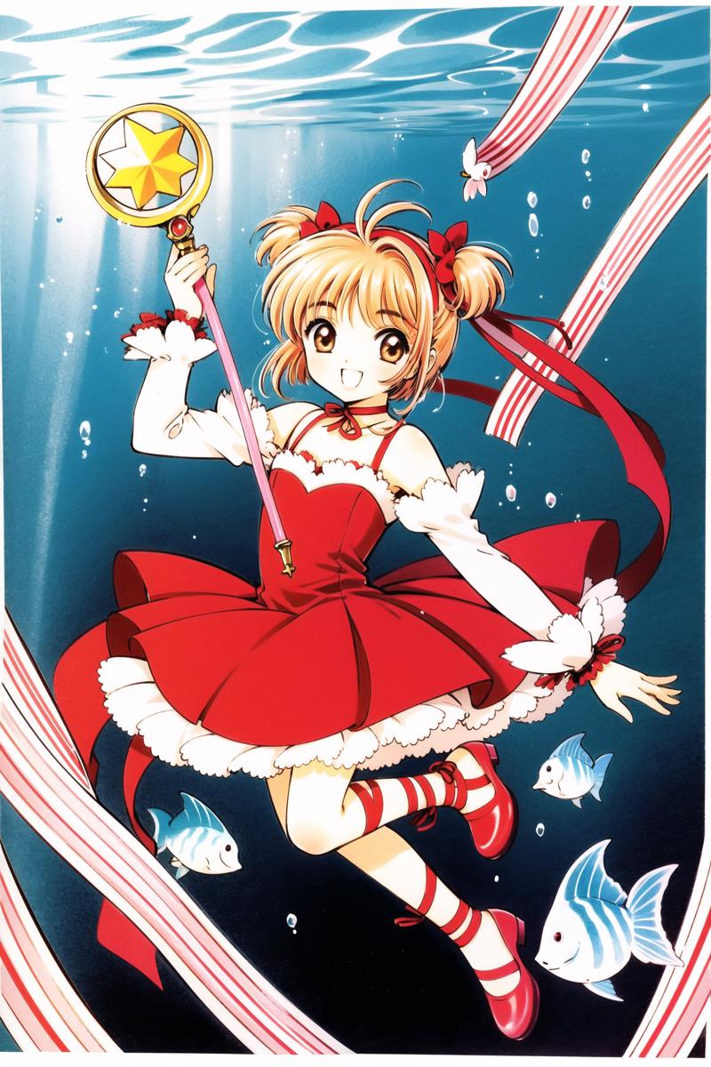 17788-762658723-1girl, kinomoto sakura, ribbon, smile, red ribbon, full body, leotard, brown hair, holding, fish, solo, looking at viewer, wand,.png